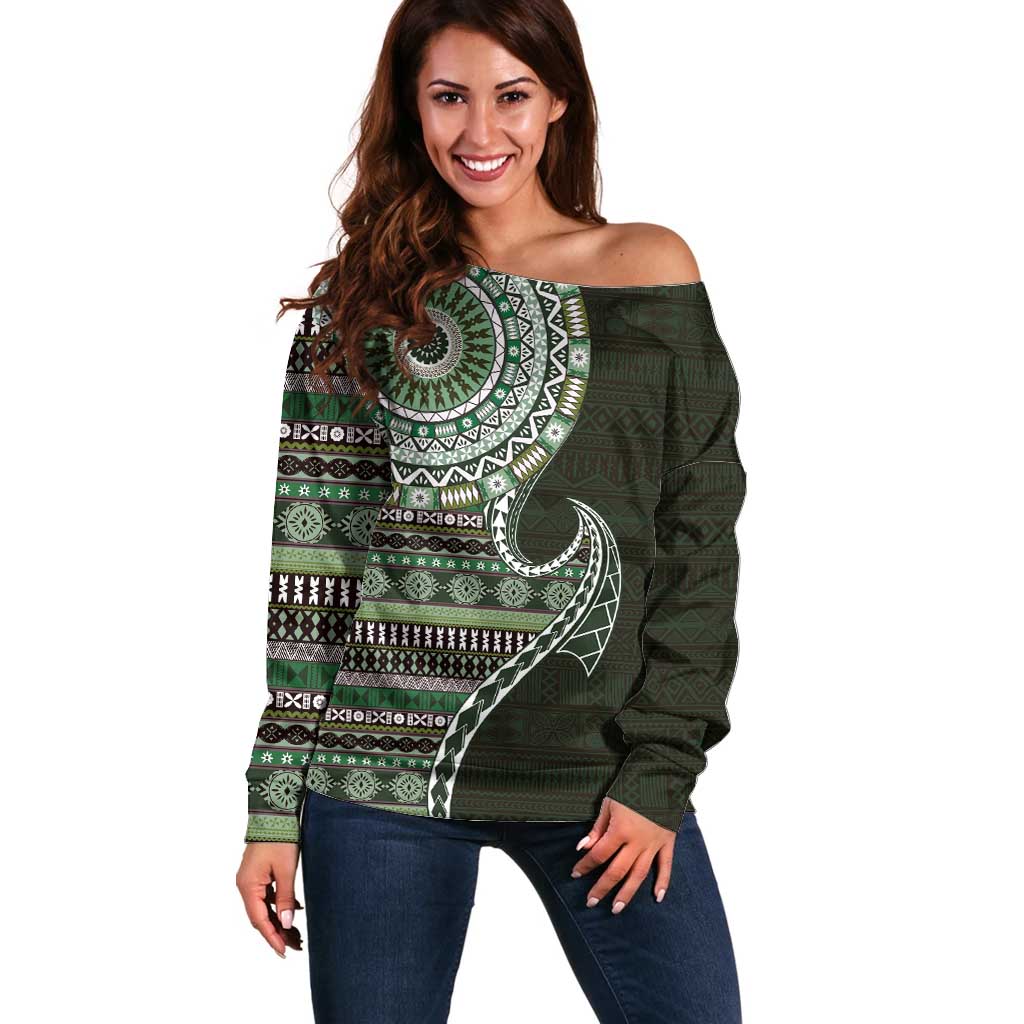 Fijian Masi Tribal Tattoos Art Pattern Off Shoulder Sweater Green Color Half Style - Polynesian Pride