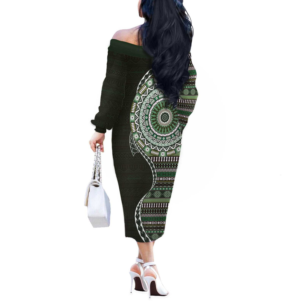 Fijian Masi Tribal Tattoos Art Pattern Off The Shoulder Long Sleeve Dress Green Color Half Style - Polynesian Pride