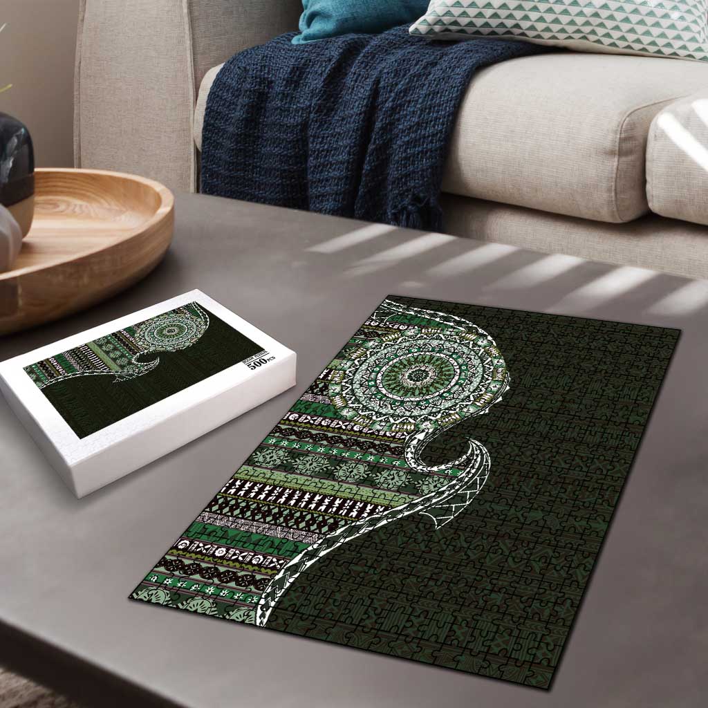 Fijian Masi Tribal Tattoos Art Pattern Puzzle Green Color Half Style LT03 - Polynesian Pride
