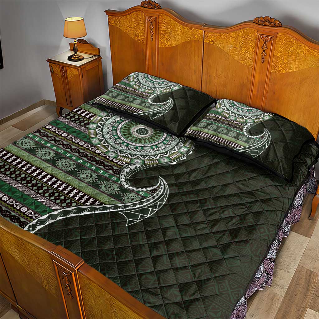 Fijian Masi Tribal Tattoos Art Pattern Quilt Bed Set Green Color Half Style - Polynesian Pride