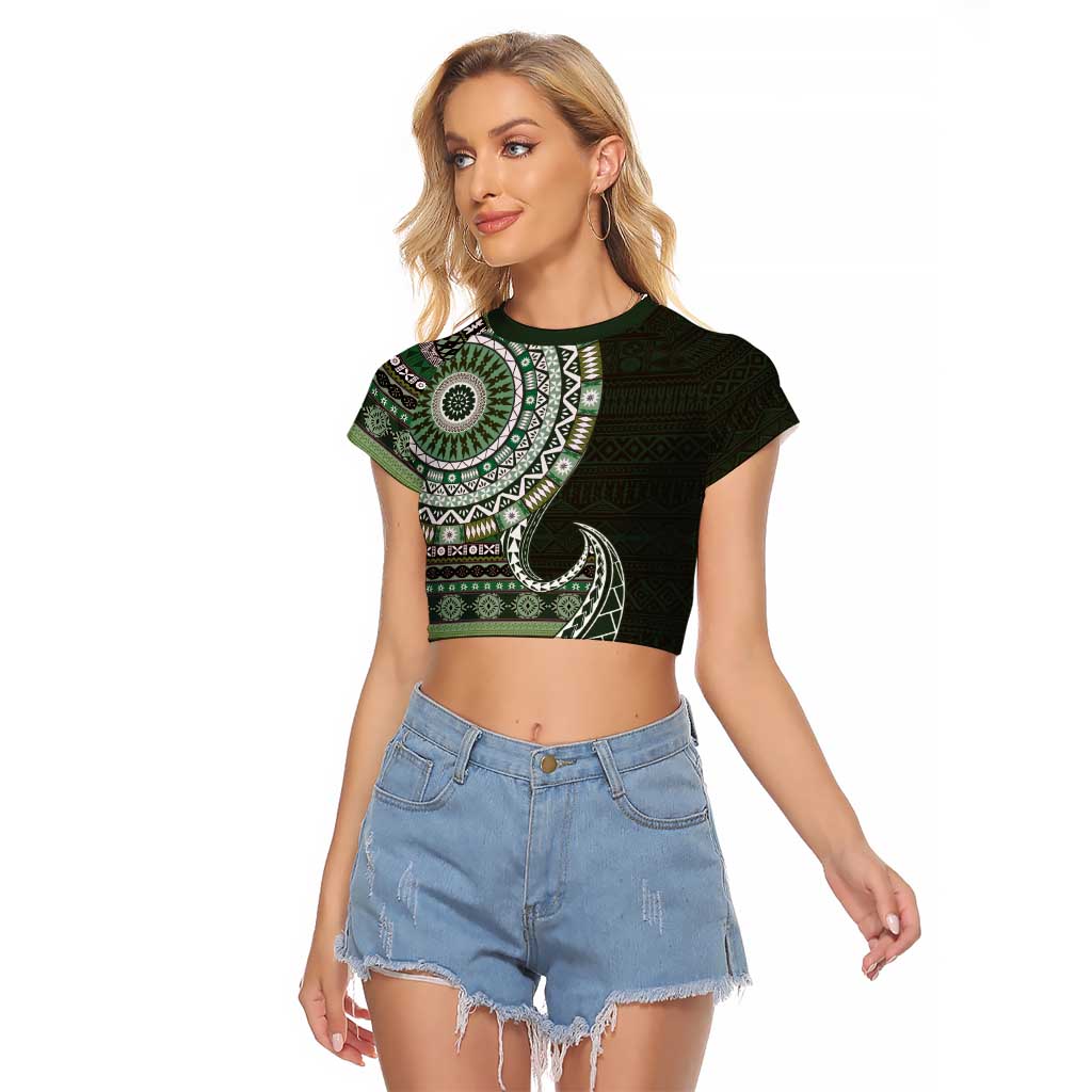 Fijian Masi Tribal Tattoos Art Pattern Raglan Cropped T Shirt Green Color Half Style - Polynesian Pride