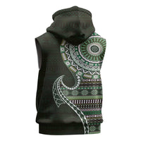 Fijian Masi Tribal Tattoos Art Pattern Sleeveless Hoodie Green Color Half Style - Polynesian Pride