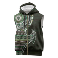 Fijian Masi Tribal Tattoos Art Pattern Sleeveless Zip Hoodie Green Color Half Style - Polynesian Pride
