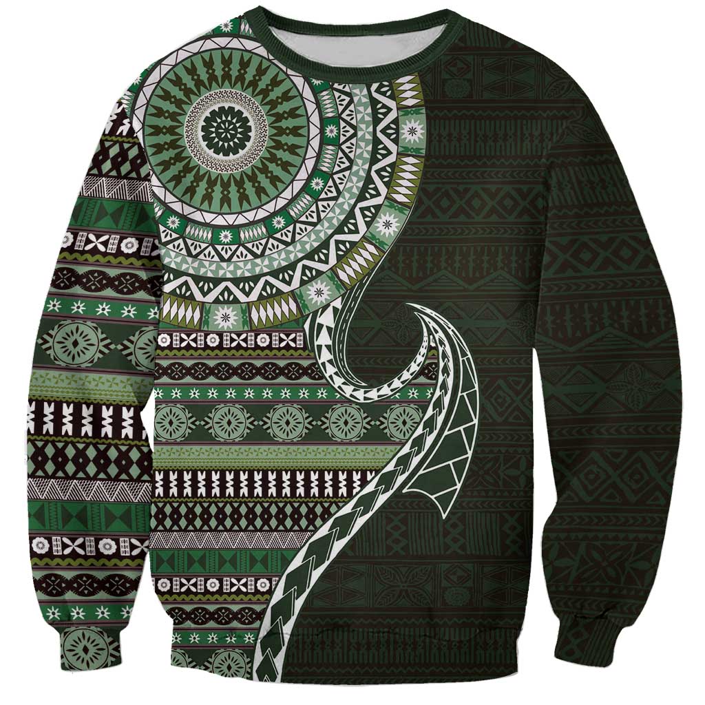 Fijian Masi Tribal Tattoos Art Pattern Sweatshirt Green Color Half Style LT03 Unisex Green - Polynesian Pride
