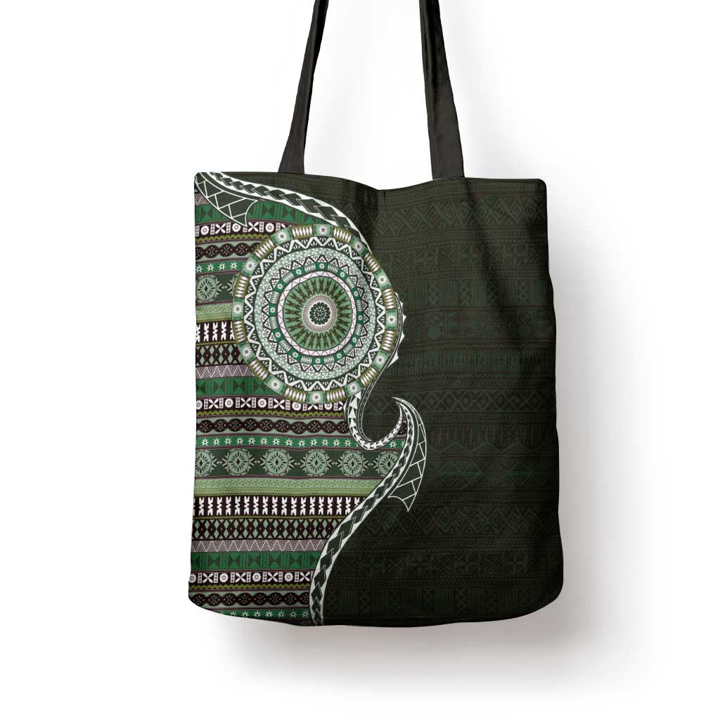 Fijian Masi Tribal Tattoos Art Pattern Tote Bag Green Color Half Style - Polynesian Pride