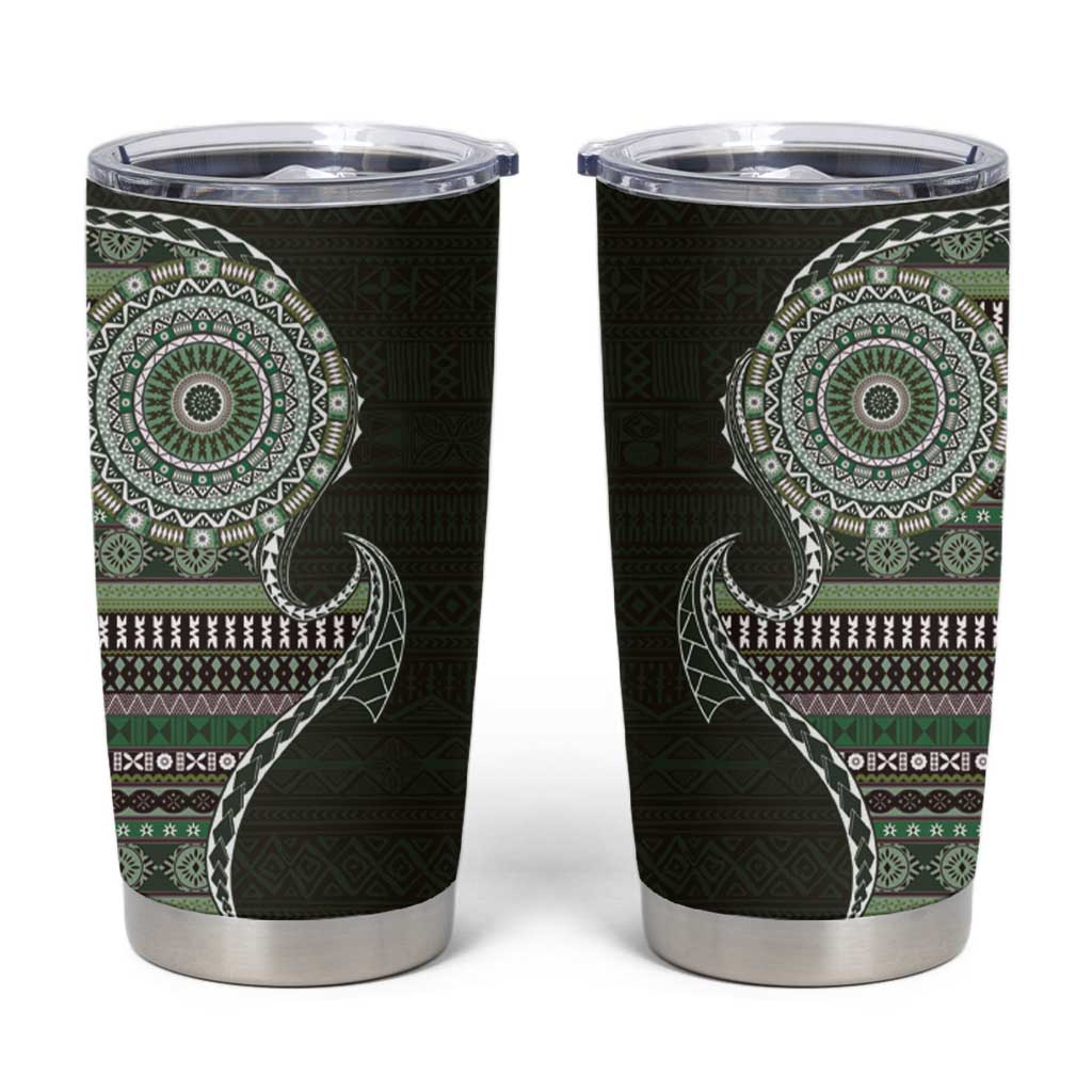 Fijian Masi Tribal Tattoos Art Pattern Tumbler Cup Green Color Half Style - Polynesian Pride