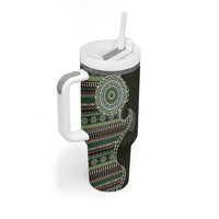 Fijian Masi Tribal Tattoos Art Pattern Tumbler With Handle Green Color Half Style - Polynesian Pride