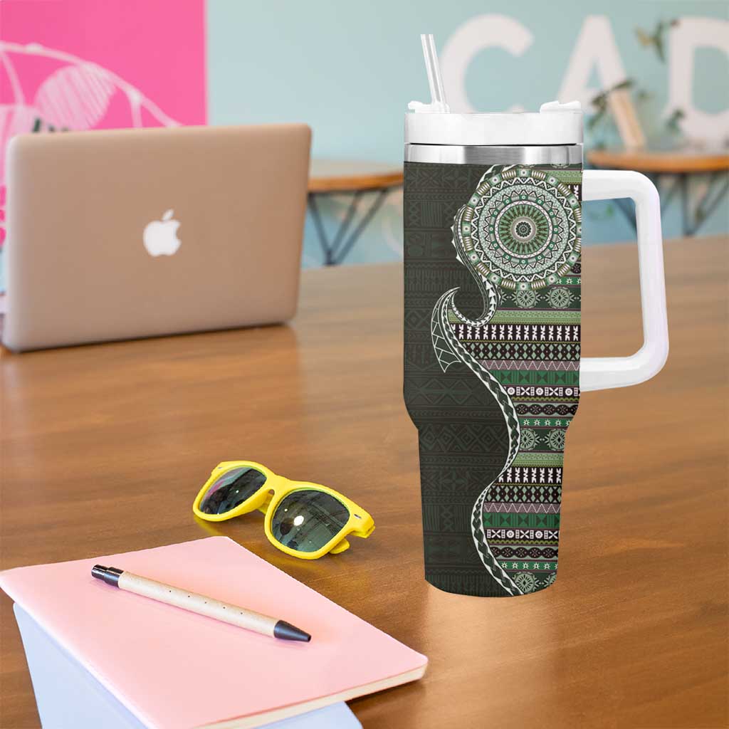 Fijian Masi Tribal Tattoos Art Pattern Tumbler With Handle Green Color Half Style - Polynesian Pride