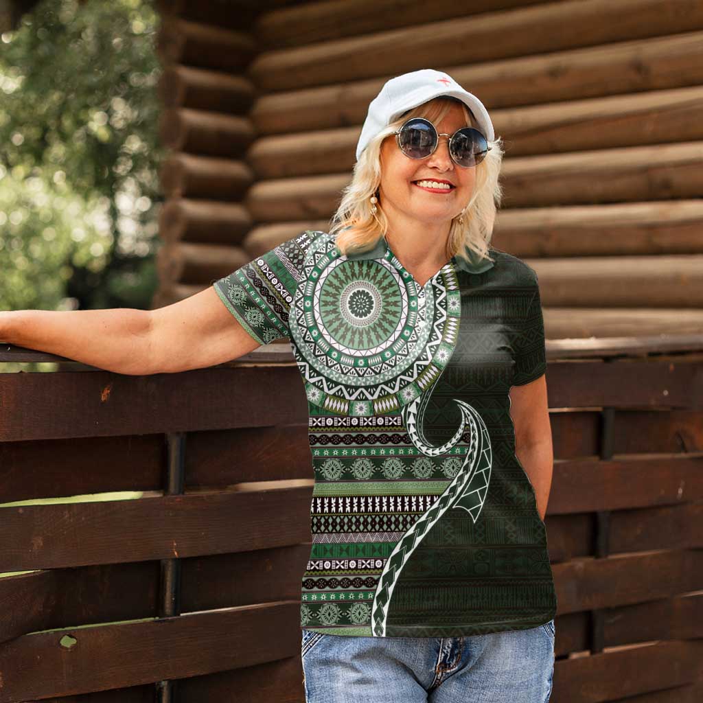 Fijian Masi Tribal Tattoos Art Pattern Women Polo Shirt Green Color Half Style - Polynesian Pride