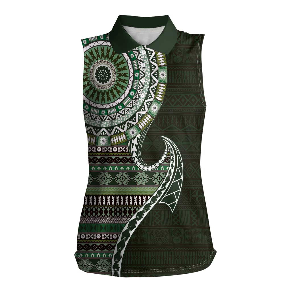 Fijian Masi Tribal Tattoos Art Pattern Women Sleeveless Polo Shirt Green Color Half Style - Polynesian Pride