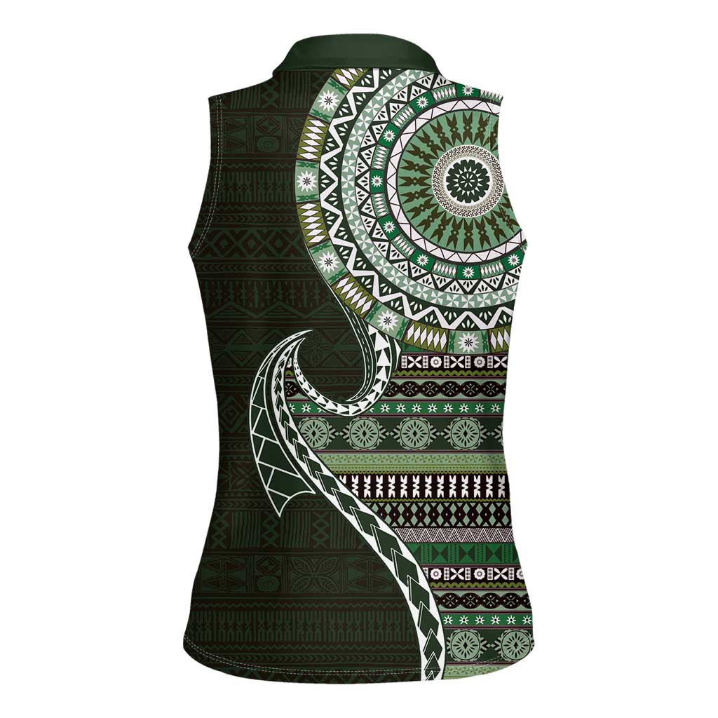 Fijian Masi Tribal Tattoos Art Pattern Women Sleeveless Polo Shirt Green Color Half Style - Polynesian Pride