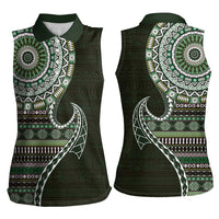 Fijian Masi Tribal Tattoos Art Pattern Women Sleeveless Polo Shirt Green Color Half Style - Polynesian Pride