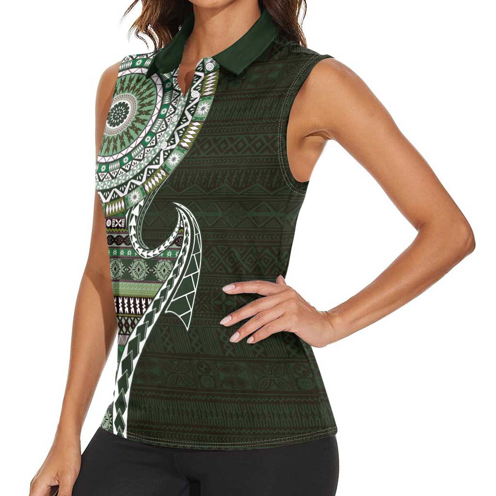 Fijian Masi Tribal Tattoos Art Pattern Women Sleeveless Polo Shirt Green Color Half Style - Polynesian Pride