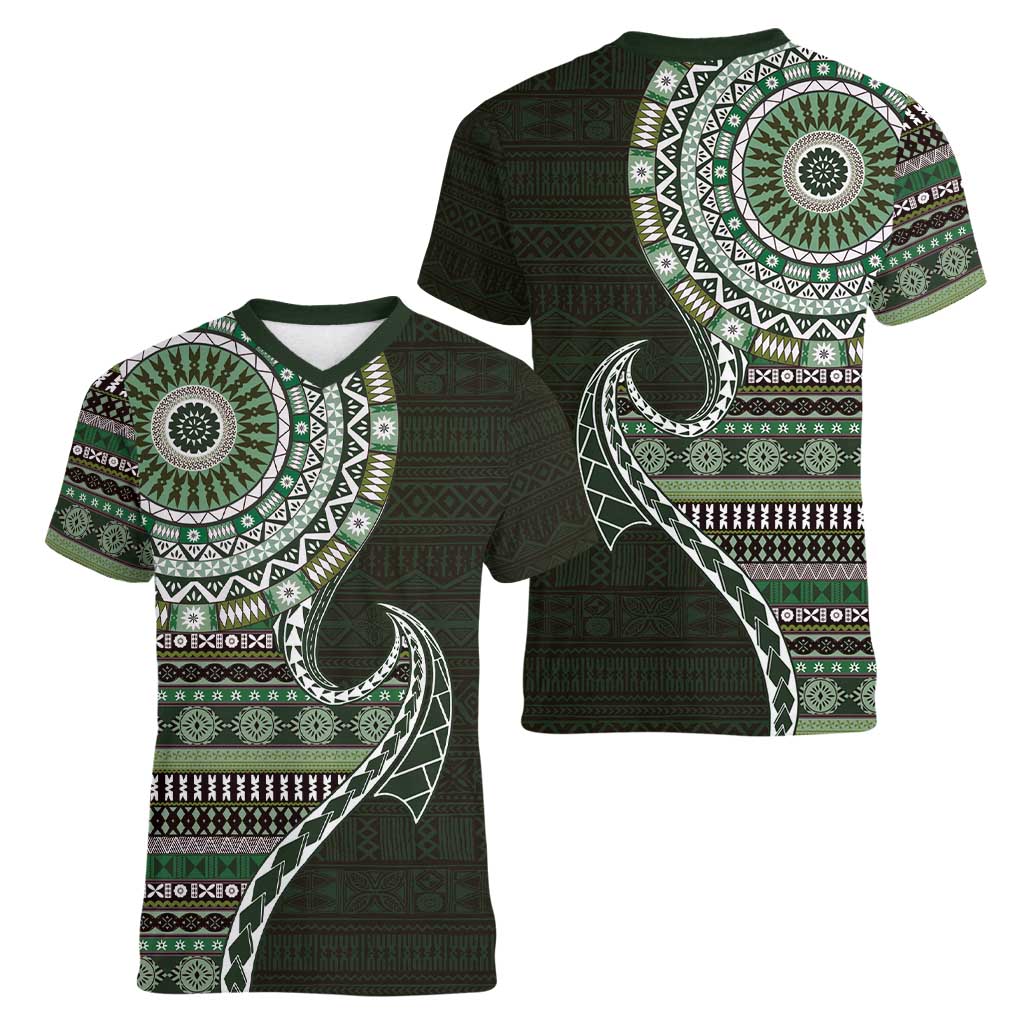 Fijian Masi Tribal Tattoos Art Pattern Women V-Neck T-Shirt Green Color Half Style - Polynesian Pride
