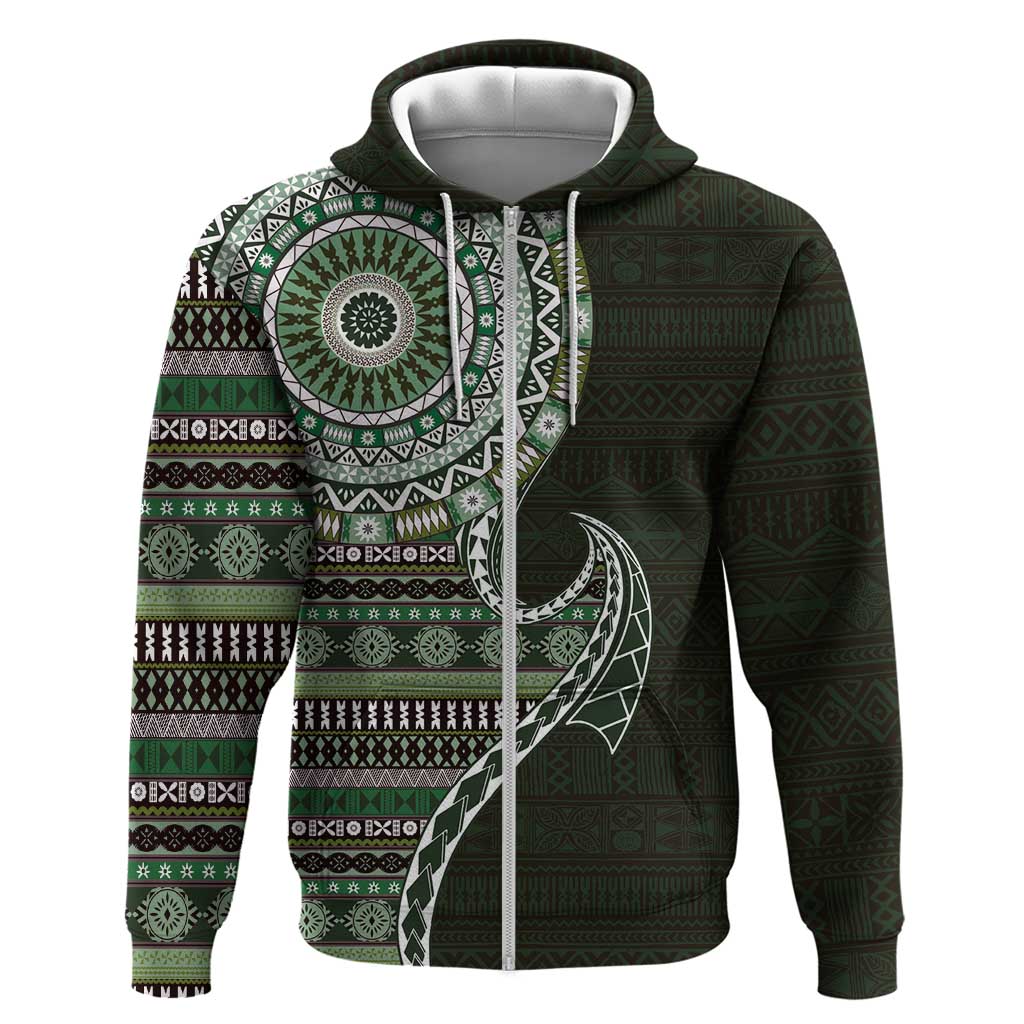 Fijian Masi Tribal Tattoos Art Pattern Zip Hoodie Green Color Half Style - Polynesian Pride