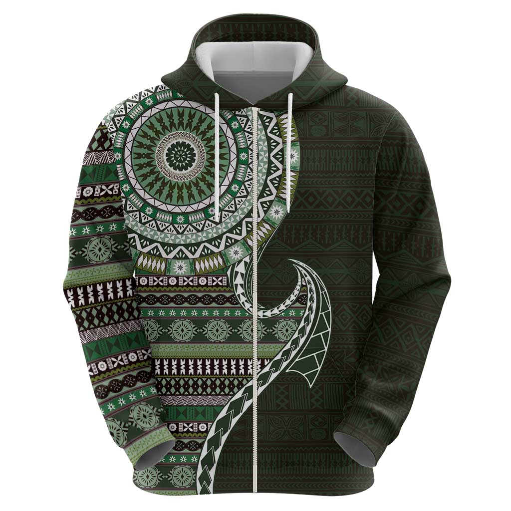 Fijian Masi Tribal Tattoos Art Pattern Zip Hoodie Green Color Half Style - Polynesian Pride