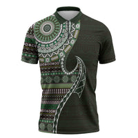 Fijian Masi Tribal Tattoos Art Pattern Zipper Polo Shirt Green Color Half Style LT03 Green - Polynesian Pride