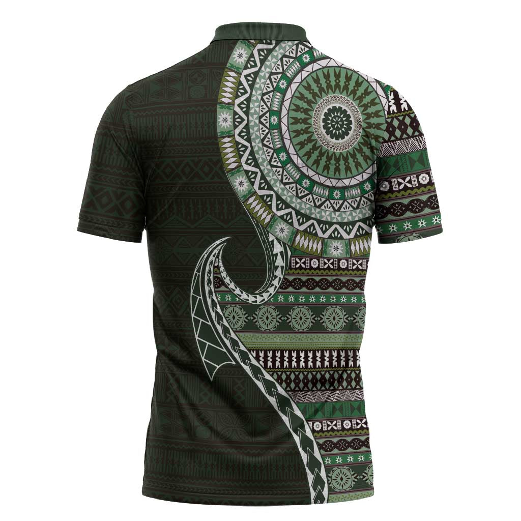 Fijian Masi Tribal Tattoos Art Pattern Zipper Polo Shirt Green Color Half Style LT03 - Polynesian Pride