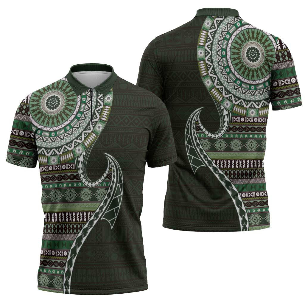 Fijian Masi Tribal Tattoos Art Pattern Zipper Polo Shirt Green Color Half Style LT03 - Polynesian Pride