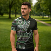 Fijian Masi Tribal Tattoos Art Pattern Zipper Polo Shirt Green Color Half Style LT03 - Polynesian Pride