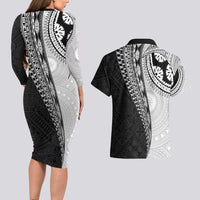 Fijian Masi Tattoos Couples Matching Long Sleeve Bodycon Dress and Hawaiian Shirt with Tapa Tribal Pattern - Polynesian Pride