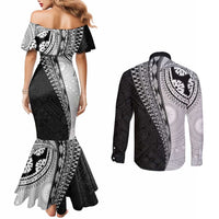 Fijian Masi Tattoos Couples Matching Mermaid Dress and Long Sleeve Button Shirt with Tapa Tribal Pattern LT03 - Polynesian Pride