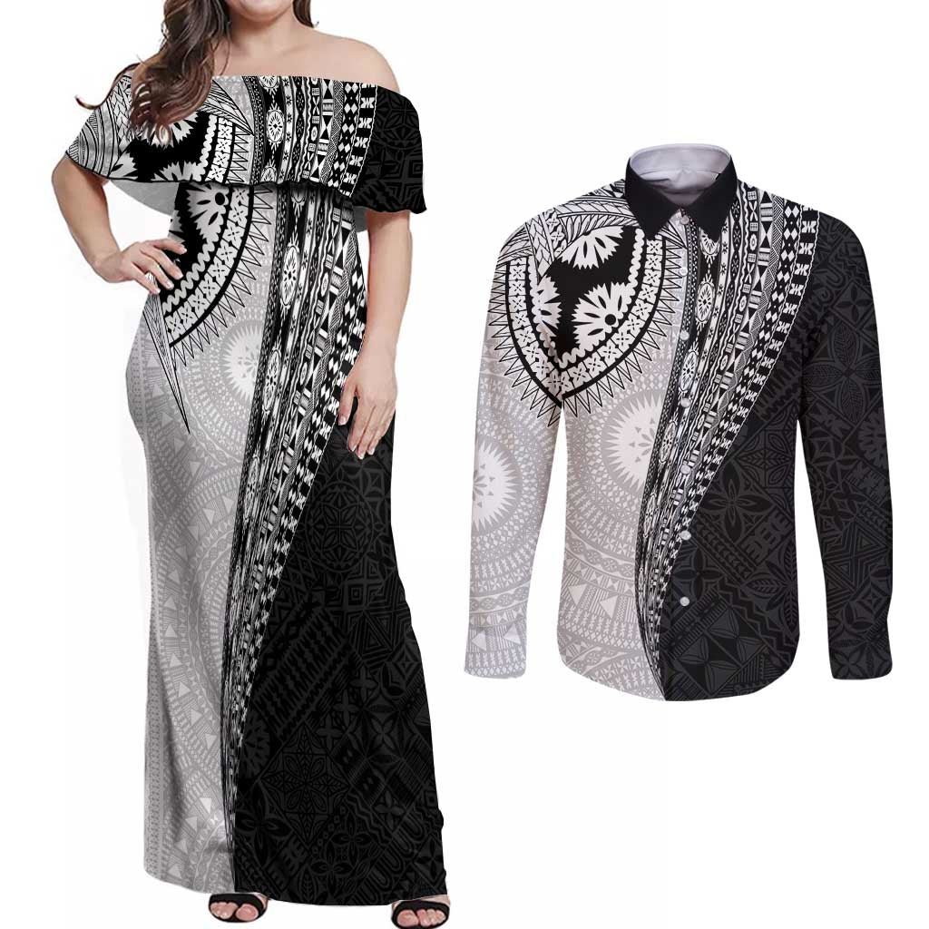 Fijian Masi Tattoos Couples Matching Off Shoulder Maxi Dress and Long Sleeve Button Shirt with Tapa Tribal Pattern LT03 White - Polynesian Pride