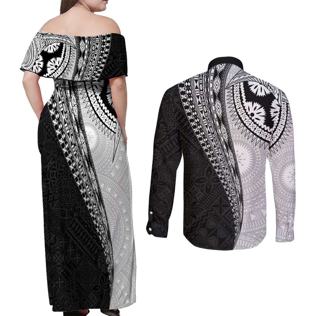 Fijian Masi Tattoos Couples Matching Off Shoulder Maxi Dress and Long Sleeve Button Shirt with Tapa Tribal Pattern LT03 - Polynesian Pride