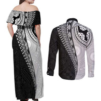 Fijian Masi Tattoos Couples Matching Off Shoulder Maxi Dress and Long Sleeve Button Shirt with Tapa Tribal Pattern LT03 - Polynesian Pride