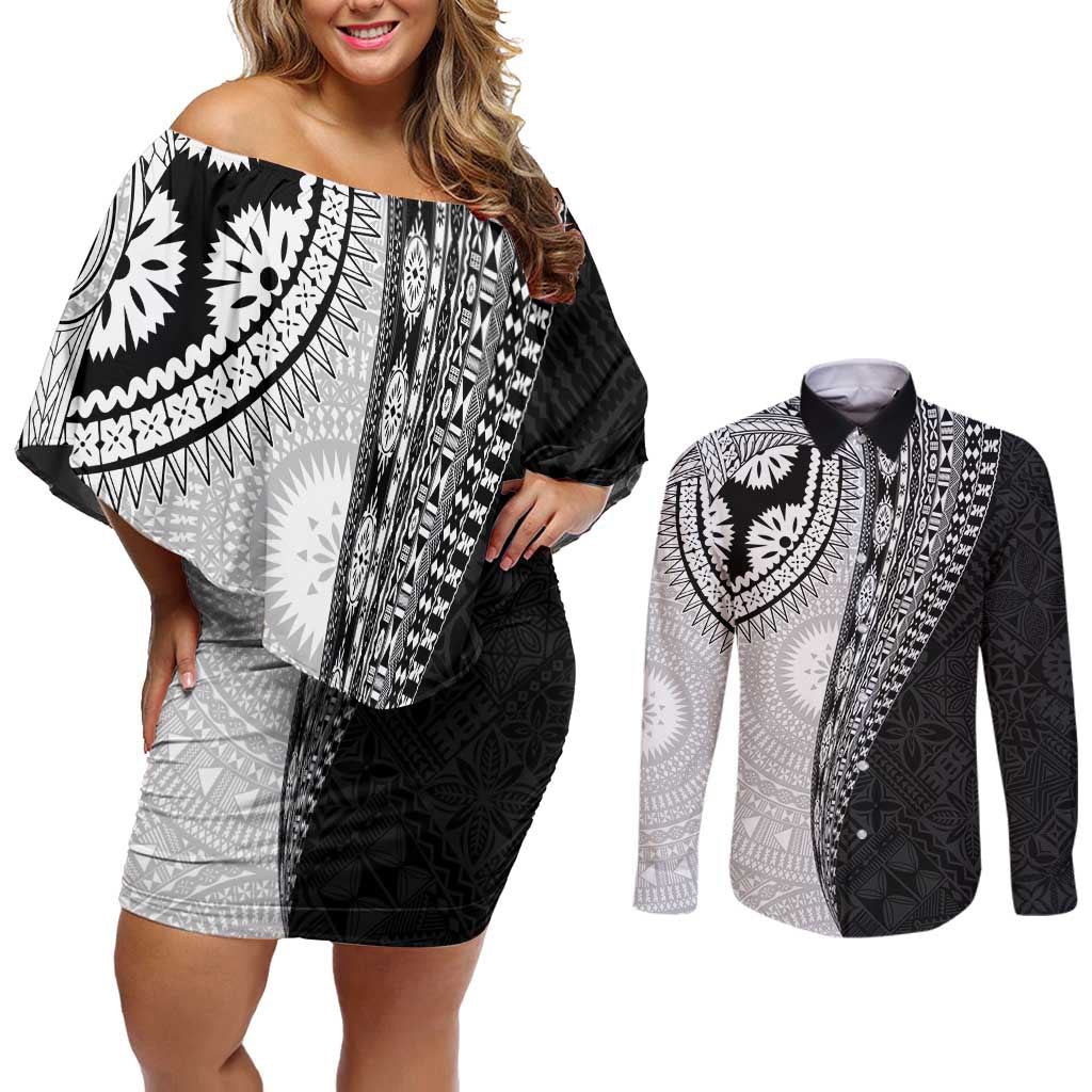 Fijian Masi Tattoos Couples Matching Off Shoulder Short Dress and Long Sleeve Button Shirt with Tapa Tribal Pattern LT03 White - Polynesian Pride