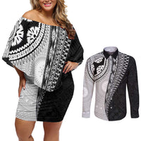 Fijian Masi Tattoos Couples Matching Off Shoulder Short Dress and Long Sleeve Button Shirt with Tapa Tribal Pattern LT03 White - Polynesian Pride