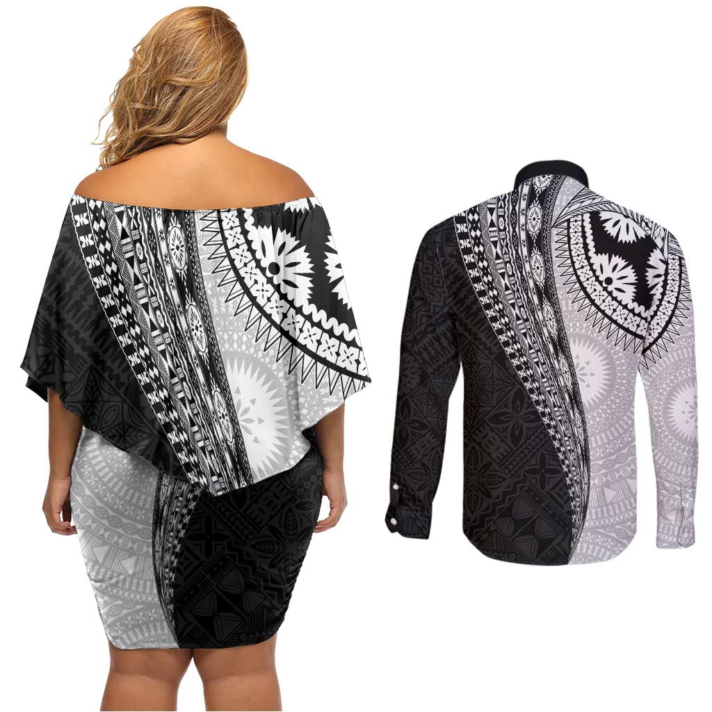 Fijian Masi Tattoos Couples Matching Off Shoulder Short Dress and Long Sleeve Button Shirt with Tapa Tribal Pattern LT03 - Polynesian Pride