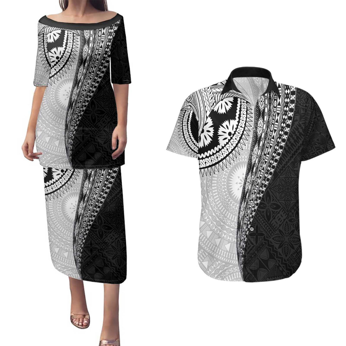 Fijian Masi Tattoos Couples Matching Puletasi and Hawaiian Shirt with Tapa Tribal Pattern LT03 White - Polynesian Pride