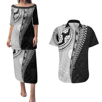 Fijian Masi Tattoos Couples Matching Puletasi and Hawaiian Shirt with Tapa Tribal Pattern LT03 White - Polynesian Pride