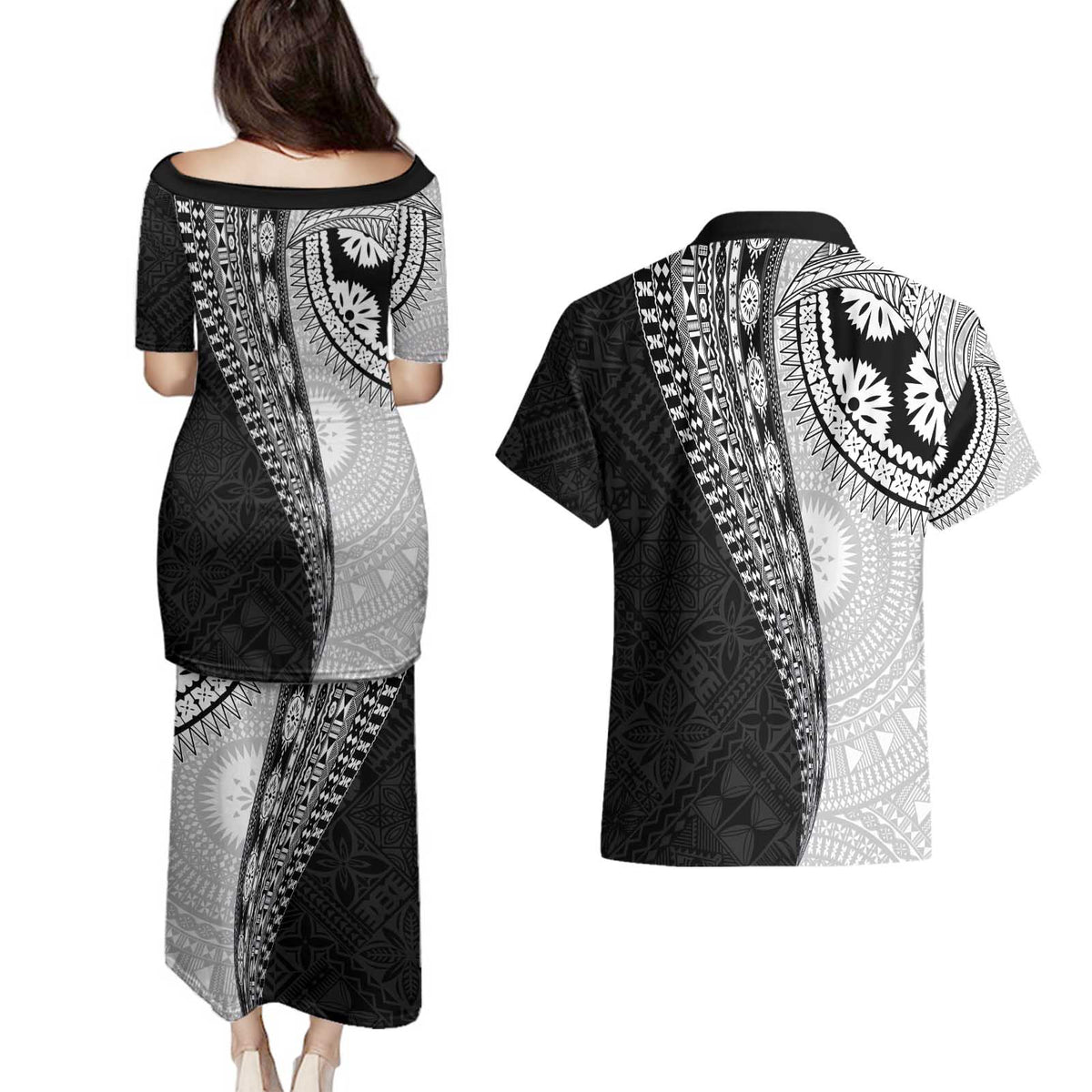 Fijian Masi Tattoos Couples Matching Puletasi and Hawaiian Shirt with Tapa Tribal Pattern LT03 - Polynesian Pride