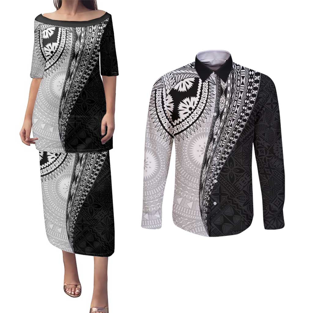 Fijian Masi Tattoos Couples Matching Puletasi and Long Sleeve Button Shirt with Tapa Tribal Pattern - Polynesian Pride