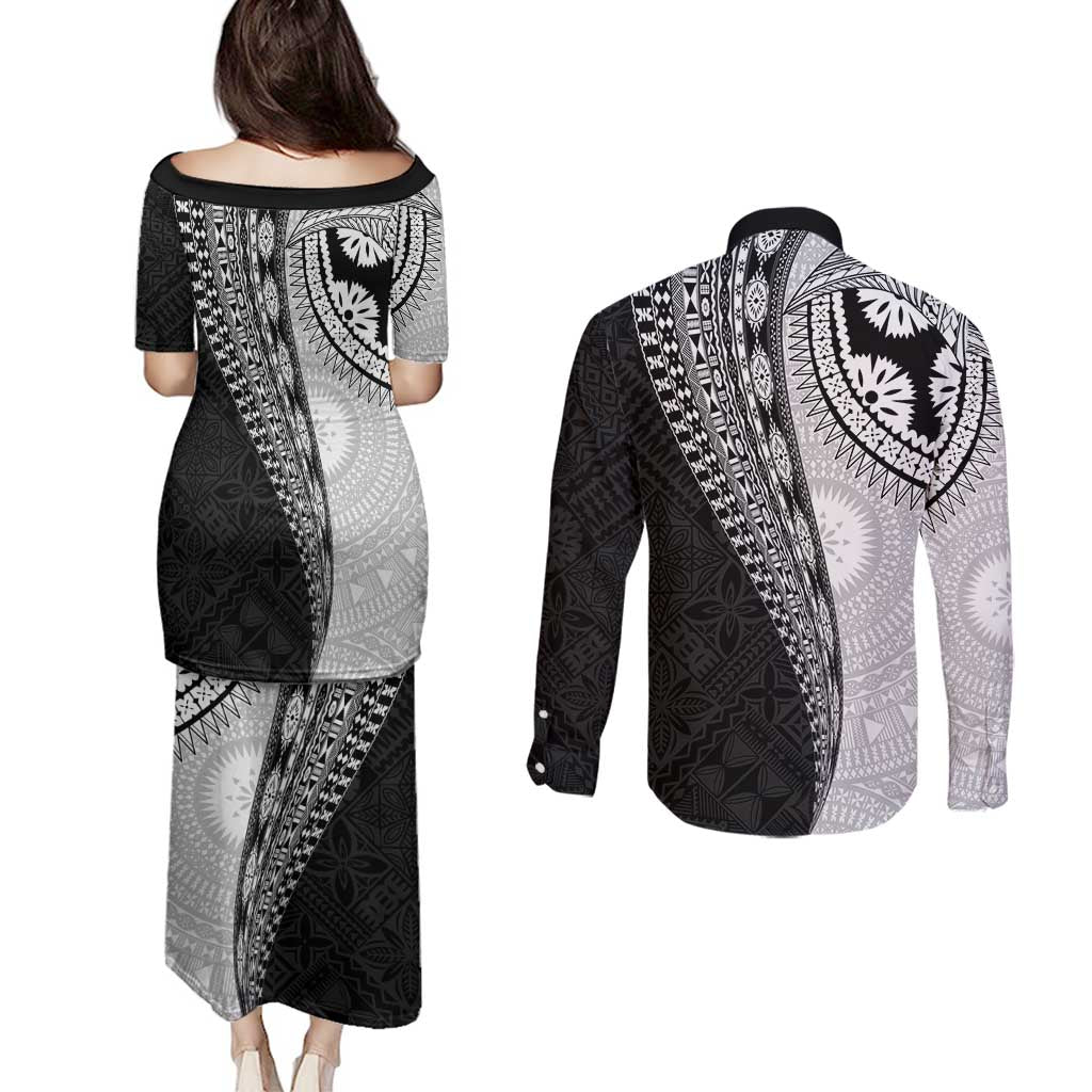 Fijian Masi Tattoos Couples Matching Puletasi and Long Sleeve Button Shirt with Tapa Tribal Pattern LT03 - Polynesian Pride