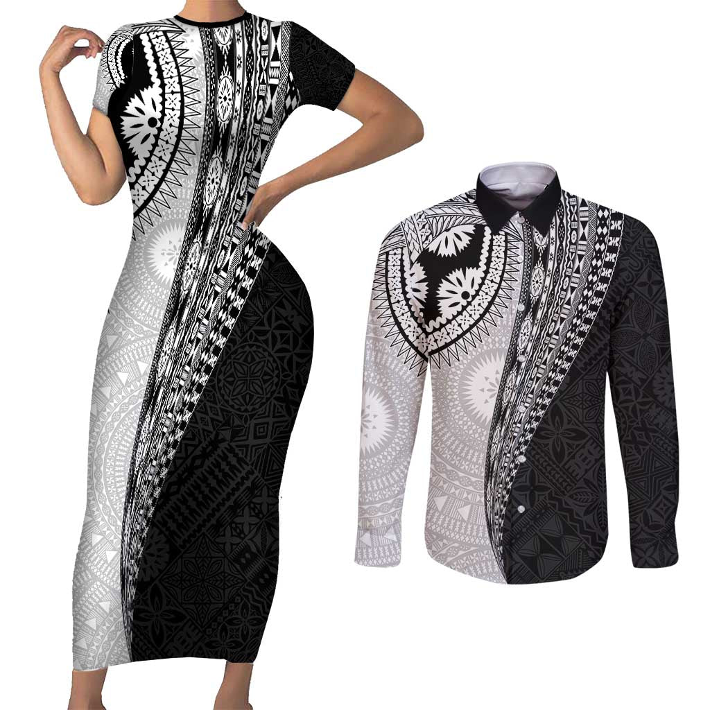 Fijian Masi Tattoos Couples Matching Short Sleeve Bodycon Dress and Long Sleeve Button Shirt with Tapa Tribal Pattern - Polynesian Pride