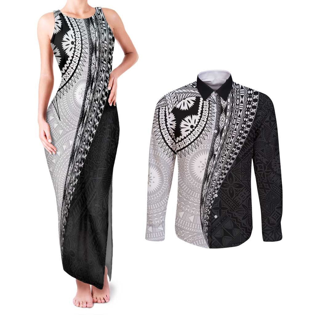 Fijian Masi Tattoos Couples Matching Tank Maxi Dress and Long Sleeve Button Shirt with Tapa Tribal Pattern LT03 White - Polynesian Pride