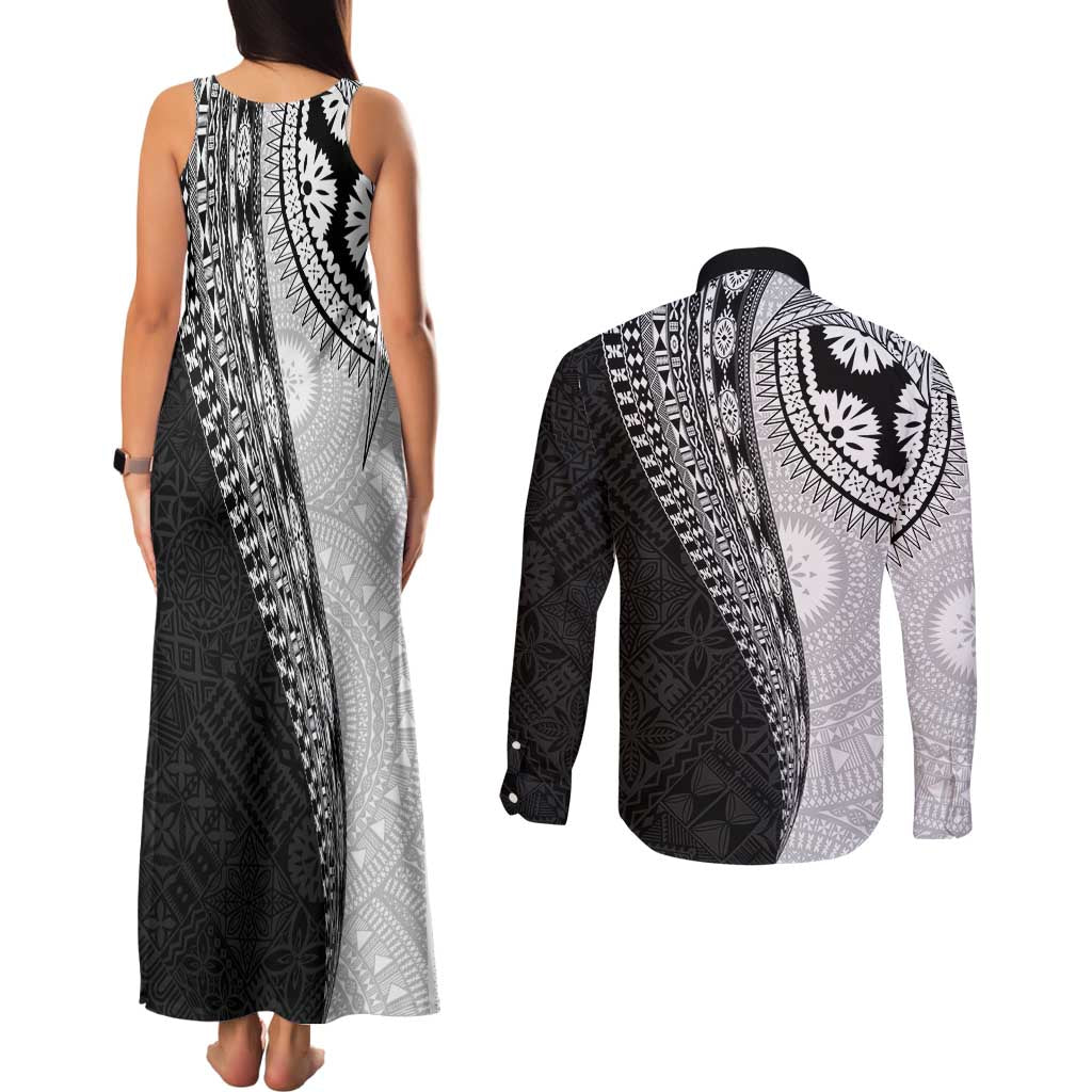 Fijian Masi Tattoos Couples Matching Tank Maxi Dress and Long Sleeve Button Shirt with Tapa Tribal Pattern LT03 - Polynesian Pride