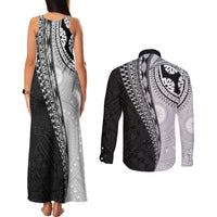 Fijian Masi Tattoos Couples Matching Tank Maxi Dress and Long Sleeve Button Shirt with Tapa Tribal Pattern LT03 - Polynesian Pride