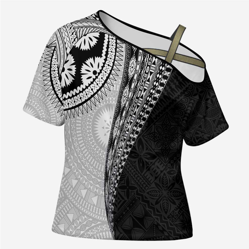Fijian Masi Tattoos Cross Shoulder Shirt with Tapa Tribal Pattern LT03 Female White - Polynesian Pride