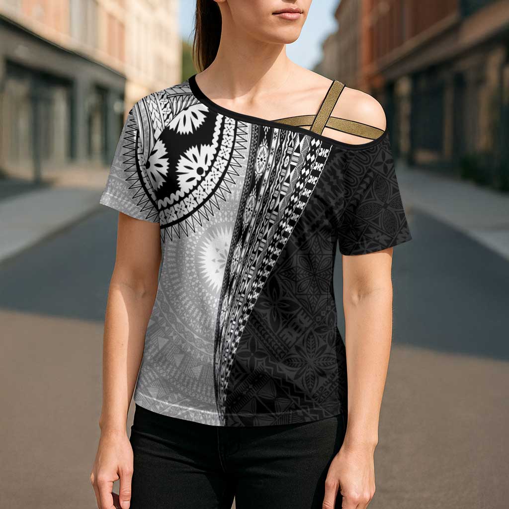 Fijian Masi Tattoos Cross Shoulder Shirt with Tapa Tribal Pattern LT03 - Polynesian Pride