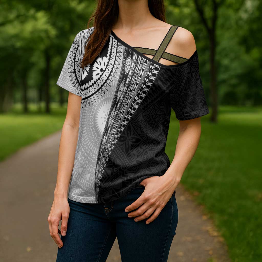 Fijian Masi Tattoos Cross Shoulder Shirt with Tapa Tribal Pattern LT03 - Polynesian Pride