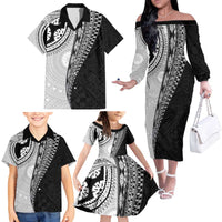 Fijian Masi Tattoos Family Matching Off The Shoulder Long Sleeve Dress and Hawaiian Shirt with Tapa Tribal Pattern - Polynesian Pride