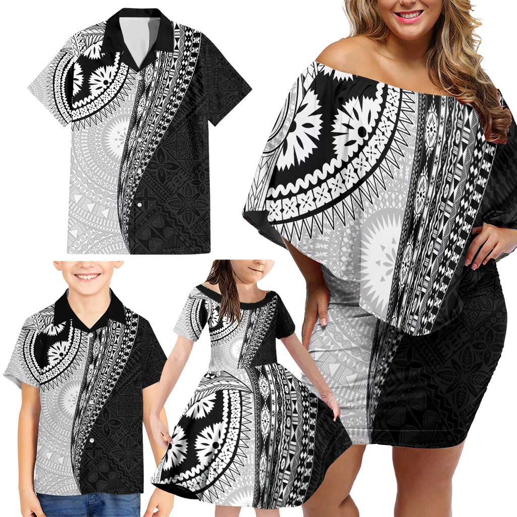 Fijian Masi Tattoos Family Matching Off Shoulder Short Dress and Hawaiian Shirt with Tapa Tribal Pattern - Polynesian Pride