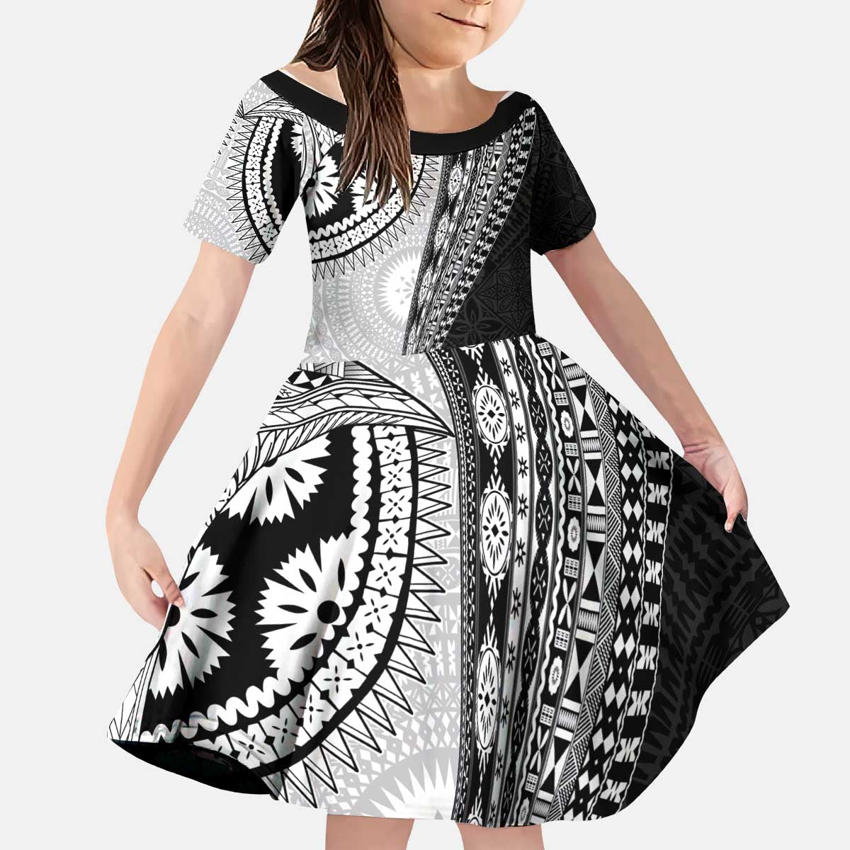 Fijian Masi Tattoos Kid Short Sleeve Dress with Tapa Tribal Pattern - Polynesian Pride