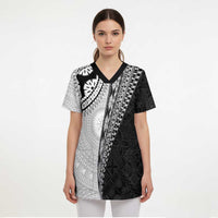 Fijian Masi Tattoos Scrub Top with Tapa Tribal Pattern - Polynesian Pride