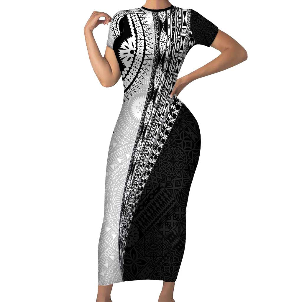 Fijian Masi Tattoos Short Sleeve Bodycon Dress with Tapa Tribal Pattern - Polynesian Pride