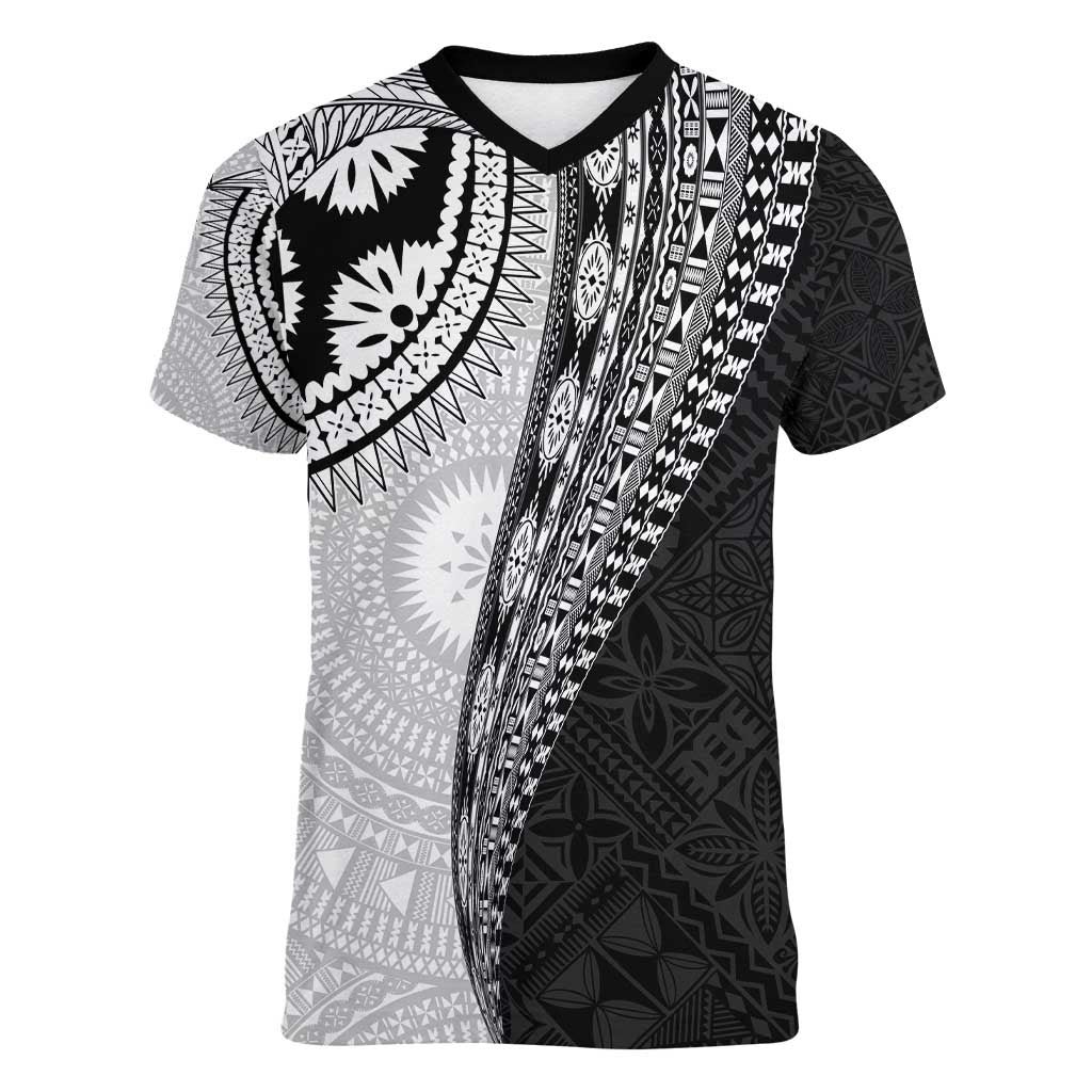 Fijian Masi Tattoos Women V-Neck T-Shirt with Tapa Tribal Pattern LT03 Female White - Polynesian Pride